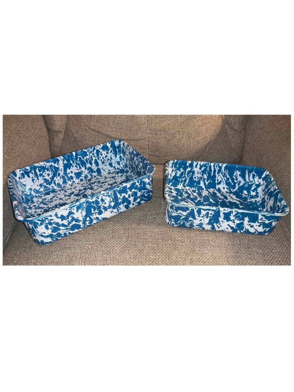 Crow Canyon Enamelware Blue & White Marble Splatter Metal Pans (Lot of 2)